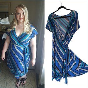 Igigi Striped Blue, Turquoise, Black & White Tie Belt True Wrap Dress 14/16 1X